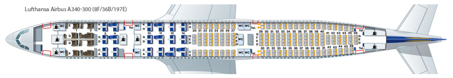 Схема посадочных мест A340-300 Lufthansa. Компоновка 1.